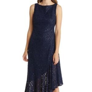 Eliza J. Navy Blue Lace and sequins cocktail dress asymmetrical hem NWT Size 8